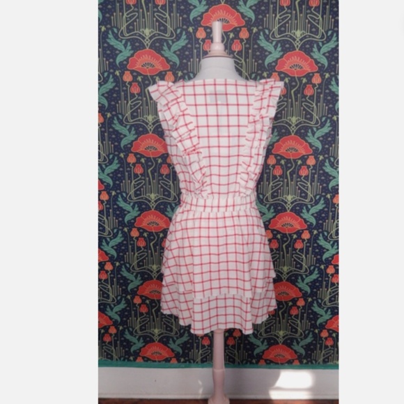 The Shirt Rochelle Behrens Stella Red Cream Seersucker Ruffle Yoke Mini Dress M - Picture 8 of 8